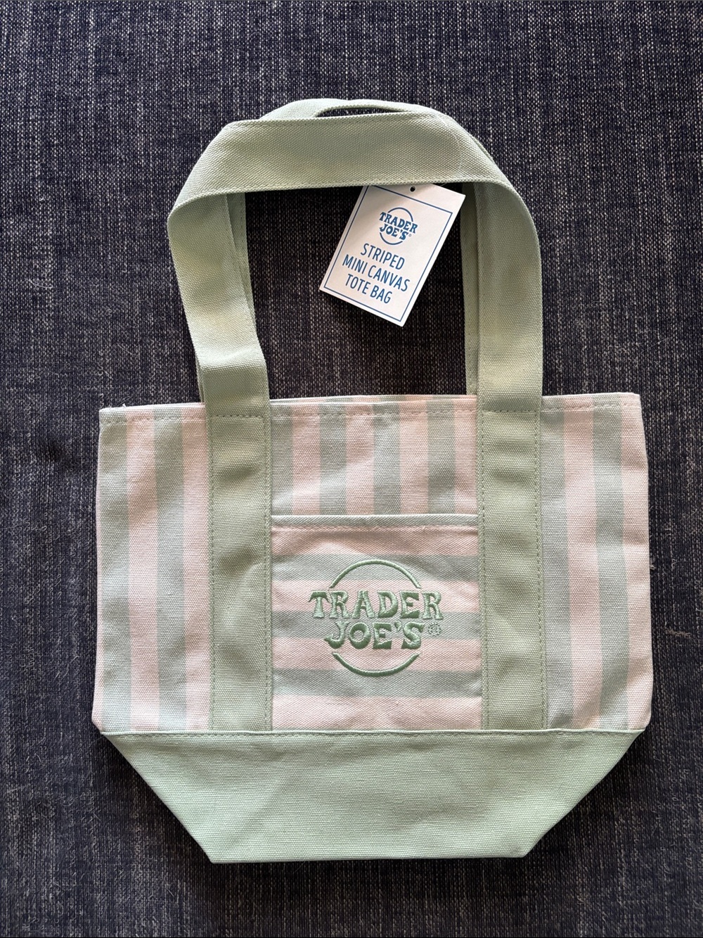 NWT Trader Joe’s striped mini tote bag light green